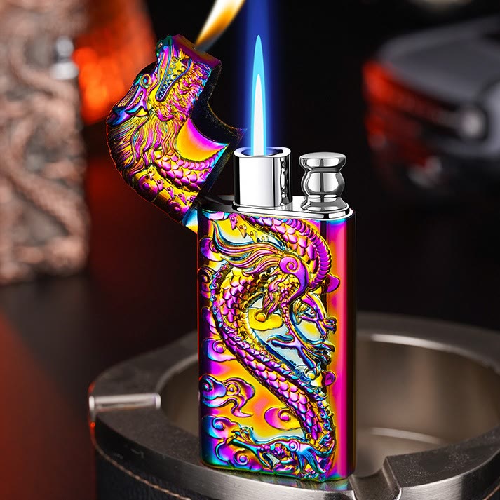 Double Flame Embossed Vivid Dragon Refillable Butane Lighter