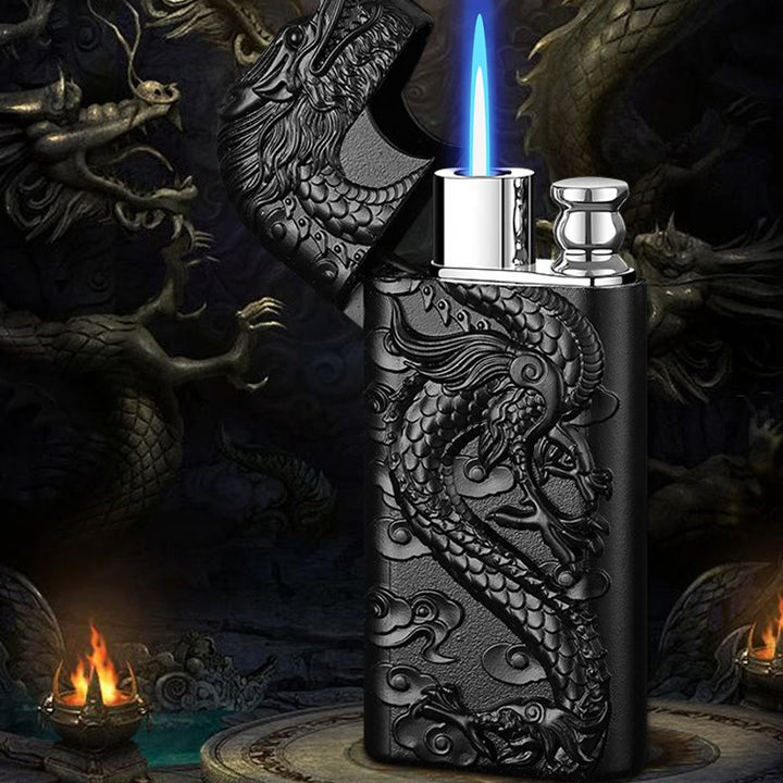 Double Flame Embossed Vivid Dragon Refillable Butane Lighter