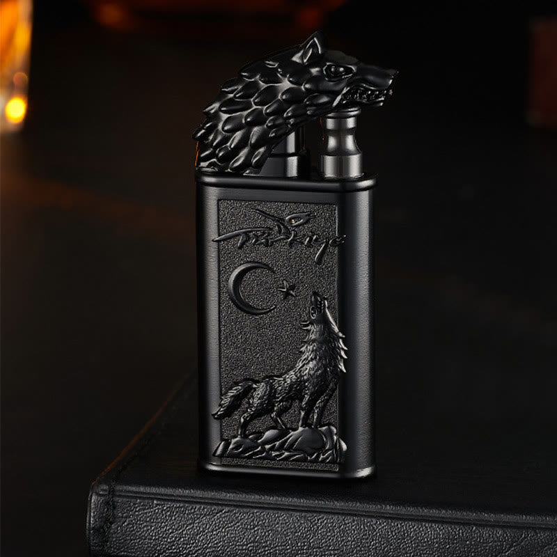 Double Flame Embossed Roaring Wolf Refillable Butane Lighter