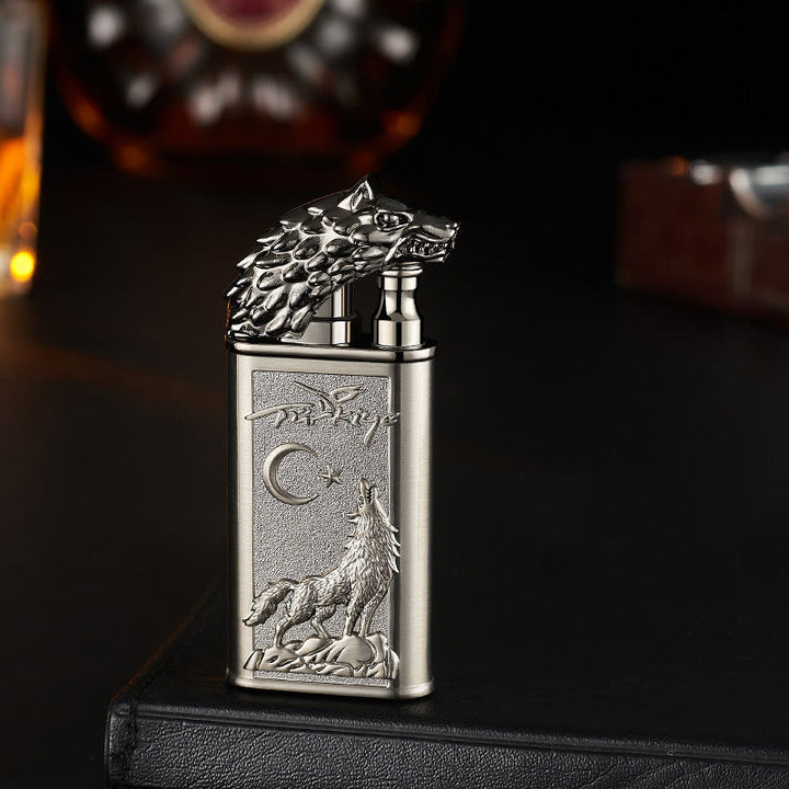 Double Flame Embossed Roaring Wolf Refillable Butane Lighter