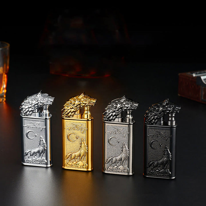 Double Flame Embossed Roaring Wolf Refillable Butane Lighter