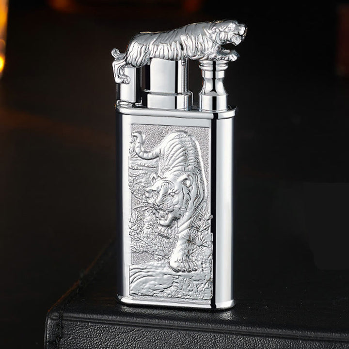 Double Flame Embossed Fierce Tiger Refillable Butane Lighter