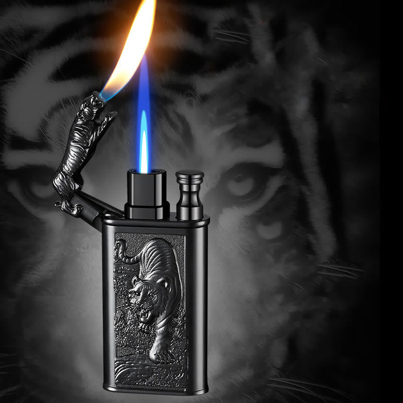 Double Flame Embossed Fierce Tiger Refillable Butane Lighter