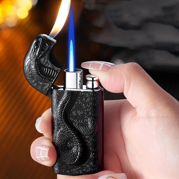 Double Flame Embossed Serpent King Refillable Butane Lighter
