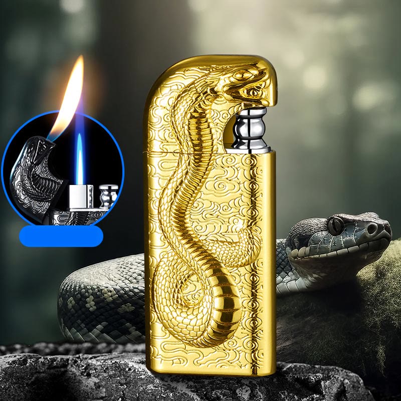 Double Flame Embossed Serpent King Refillable Butane Lighter