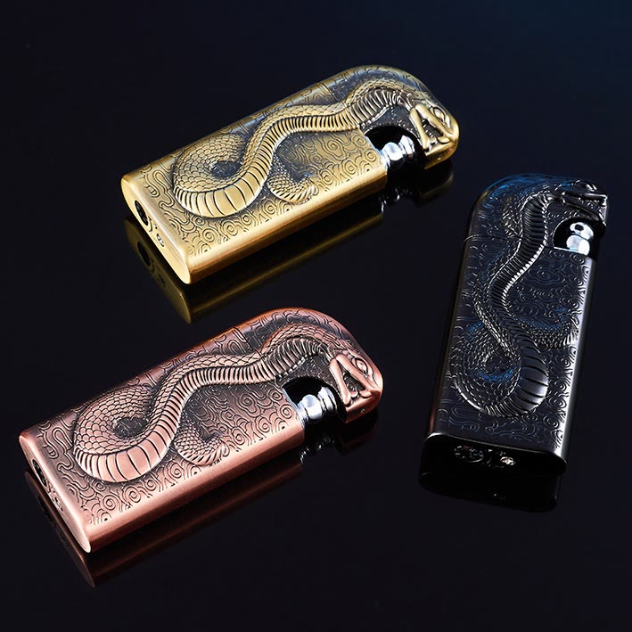 Double Flame Embossed Serpent King Refillable Butane Lighter