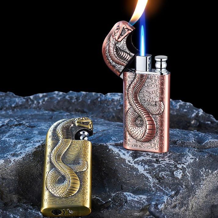 Double Flame Embossed Serpent King Refillable Butane Lighter