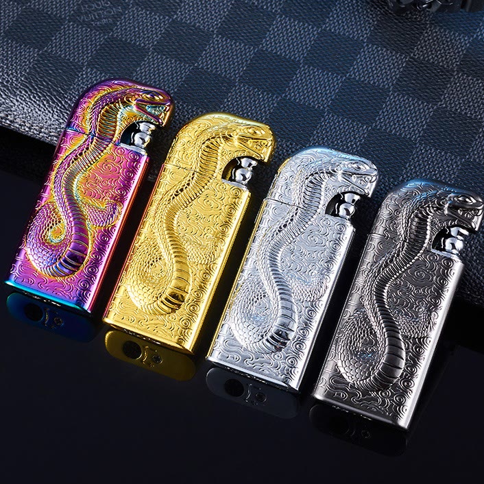 Double Flame Embossed Serpent King Refillable Butane Lighter