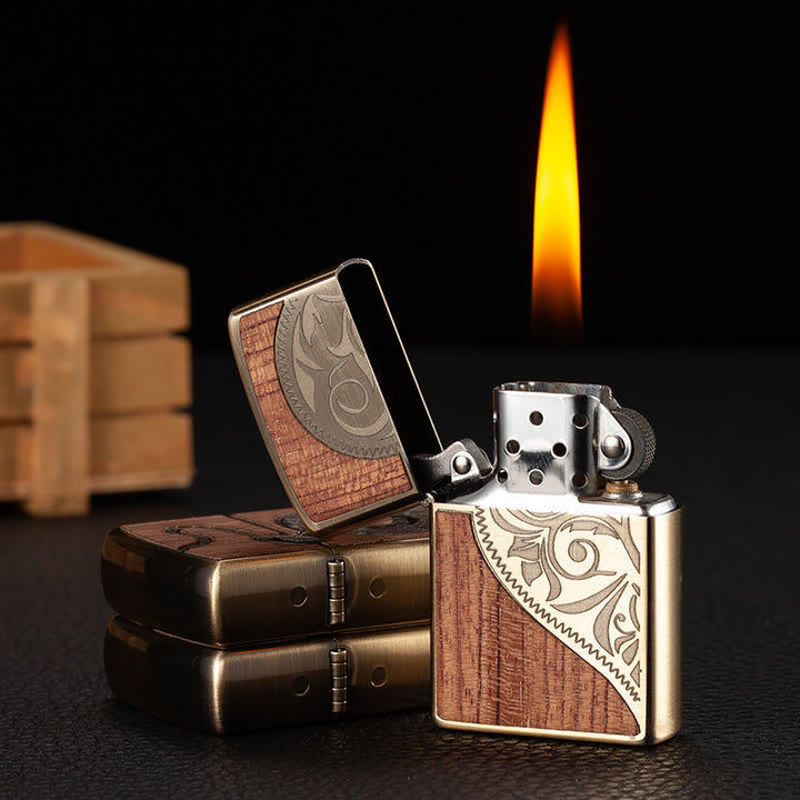 Retro Carved Pattern Wooden Shell Refillable Kerosene Lighter