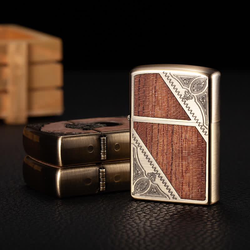 Retro Carved Pattern Wooden Shell Refillable Kerosene Lighter