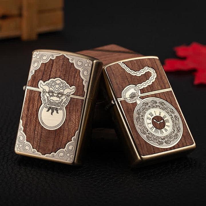 Retro Carved Pattern Wooden Shell Refillable Kerosene Lighter