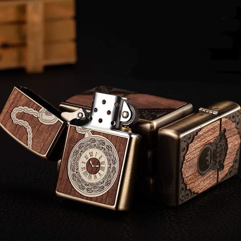 Retro Carved Pattern Wooden Shell Refillable Kerosene Lighter
