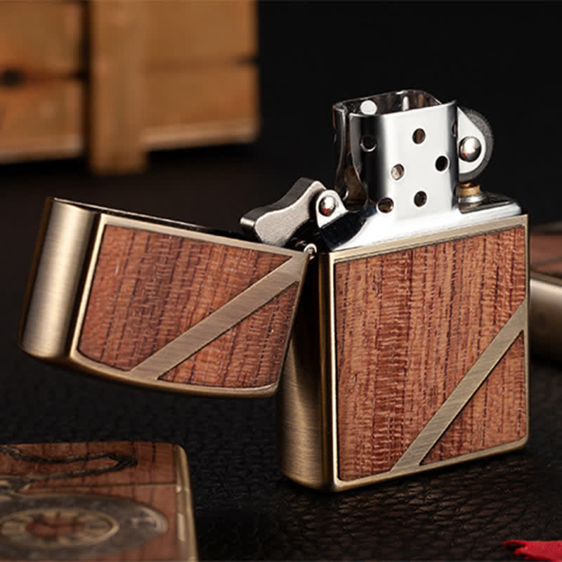 Retro Carved Pattern Wooden Shell Refillable Kerosene Lighter