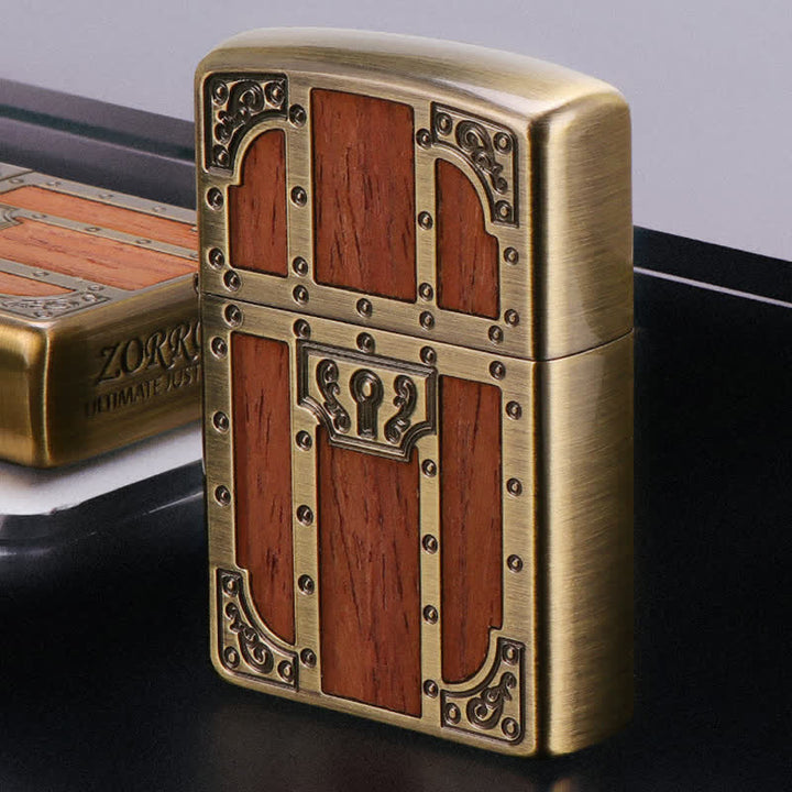 Brown Wood Ancient Door Brass Etching Refillable Kerosene Lighter
