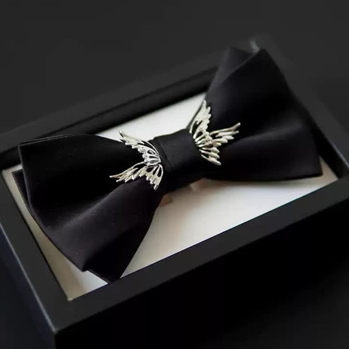 Men's Silver Flying Wings Elegant Black Bow Tie