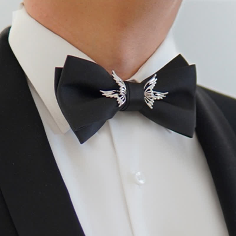 Men's Silver Flying Wings Elegant Black Bow Tie