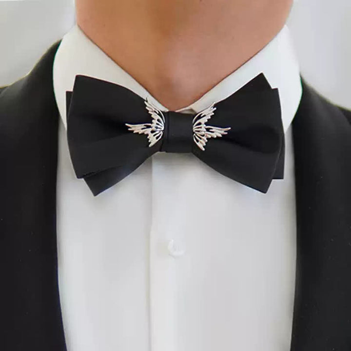 Men's Silver Flying Wings Elegant Black Bow Tie