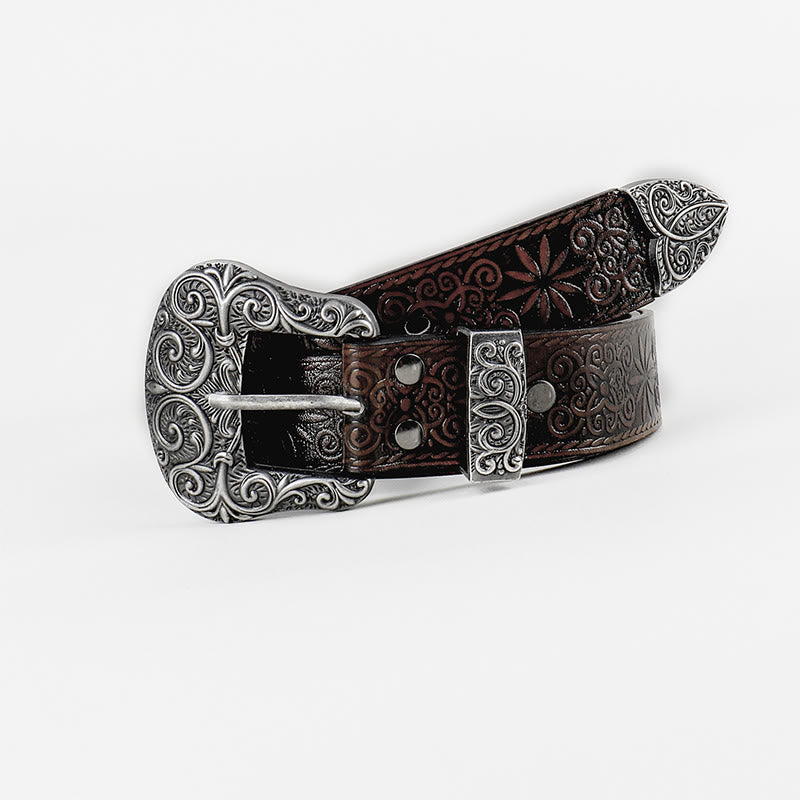 Women's Western Cowgirl Embossed Floral Brown Leather Belt