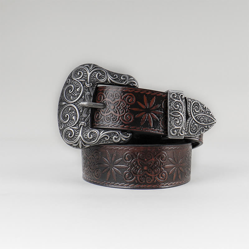 Women's Western Cowgirl Embossed Floral Brown Leather Belt