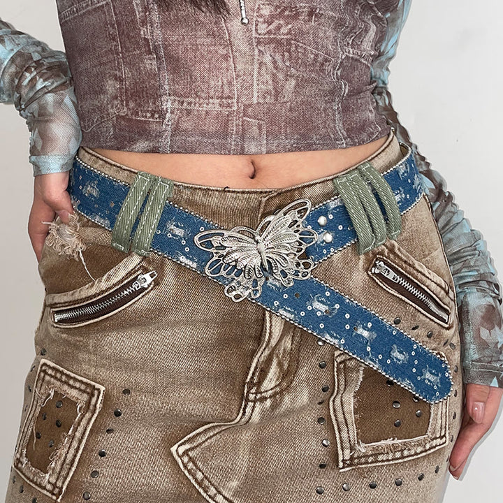 Women's Denim Butterfly Buckle Leather Belt