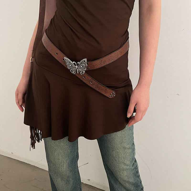 Women's Cowgirl Embossed Floral Butterfly Buckle Leather Belt