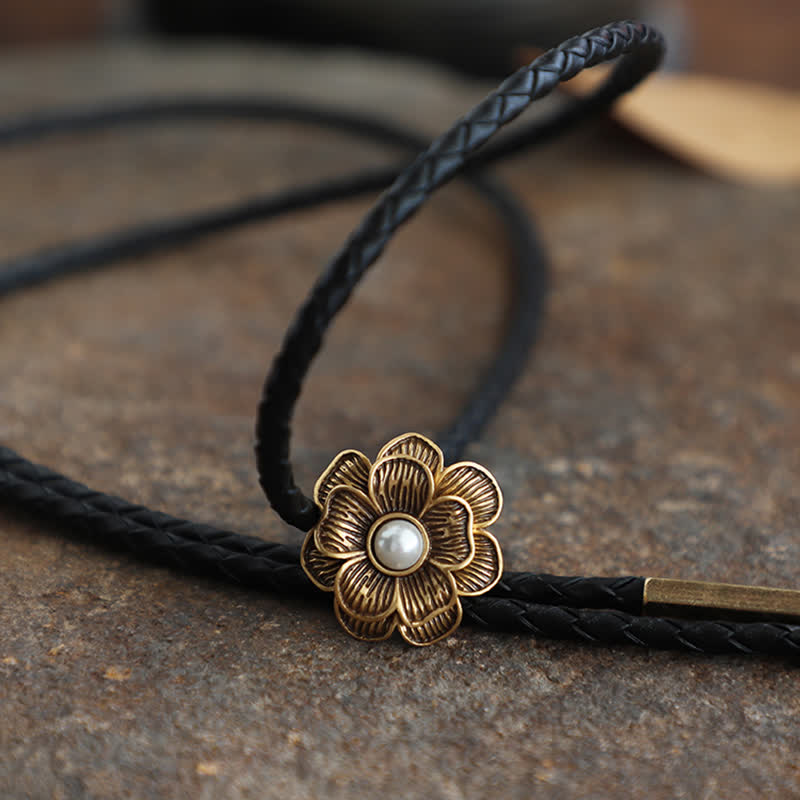 Vintage Gold Little Flower Faux Pearl Bolo Tie