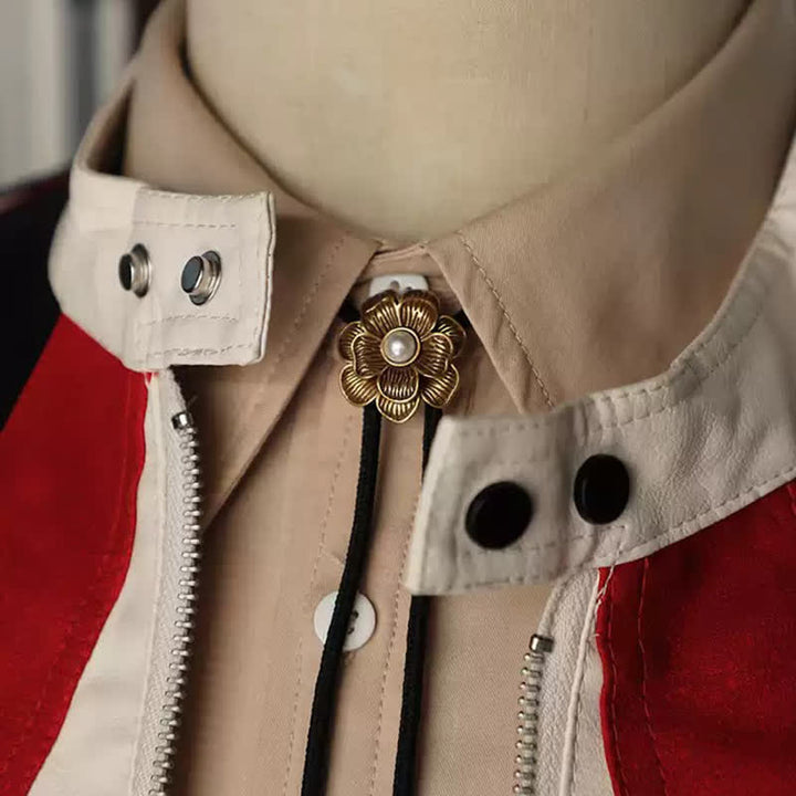 Vintage Gold Little Flower Faux Pearl Bolo Tie