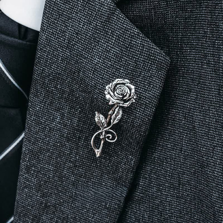 Men's Romantic Gentleman 3D Silver Rose Brooch