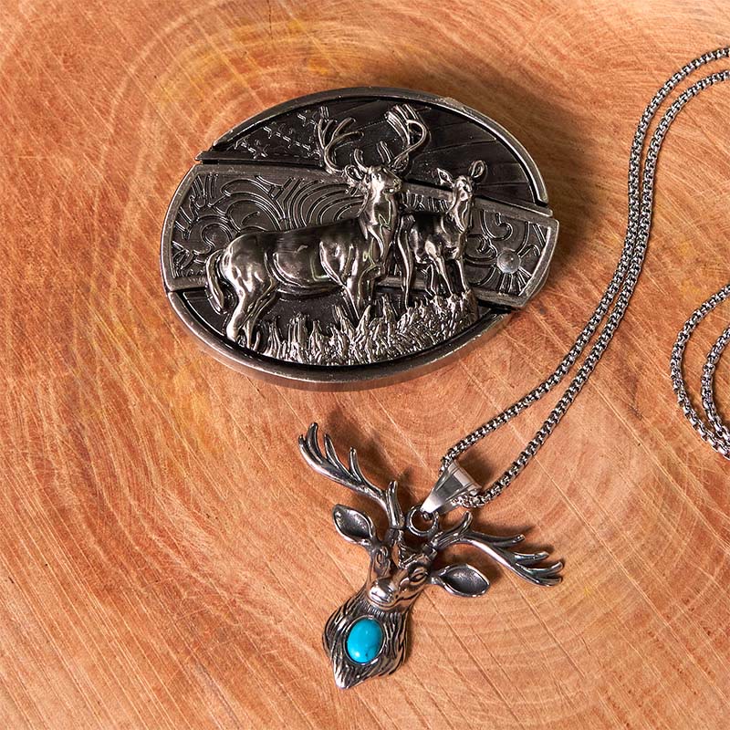 Deer Flag DIY Hidden Knife Belt Buckle With Elk Head Pendant Bundle Set