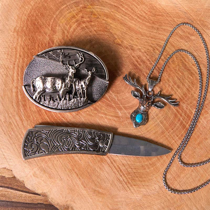Deer Flag DIY Hidden Knife Belt Buckle With Elk Head Pendant Bundle Set