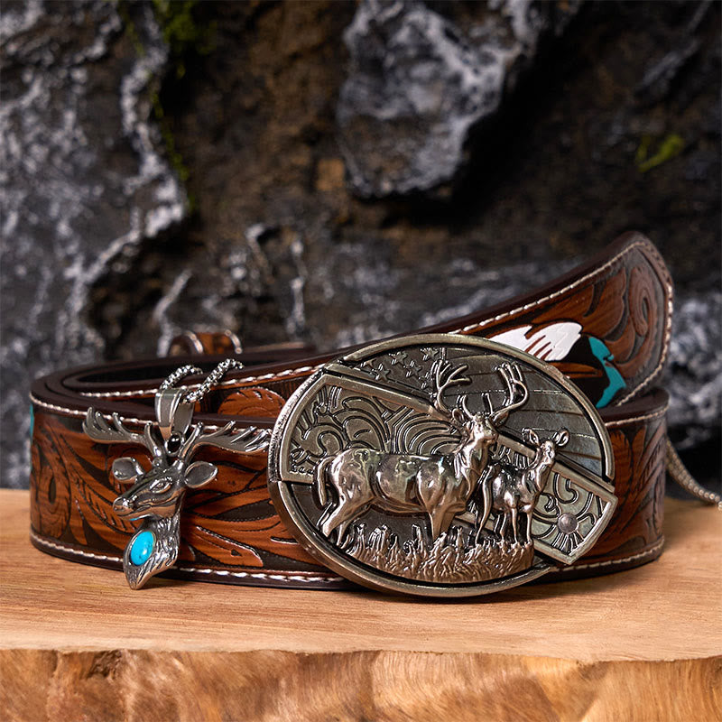 Deer Flag DIY Hidden Knife Belt Buckle With Elk Head Pendant Bundle Set