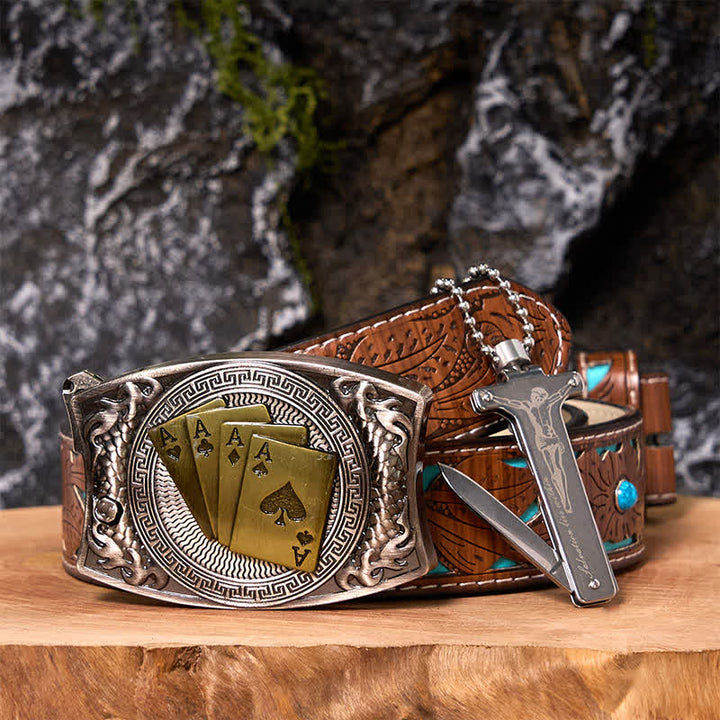 Poker Ace DIY Hidden Knife Belt Buckle Black Ice Lighter Bundle Set