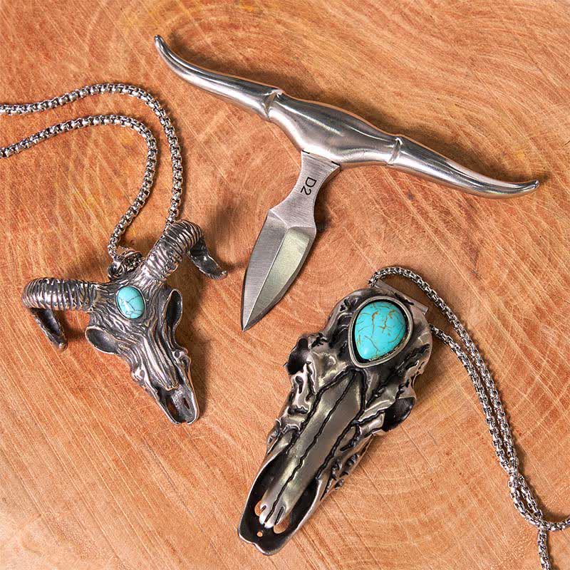 Longhorn Bull Pendant Turquoise Ram Horn Head Necklace Bundle Set