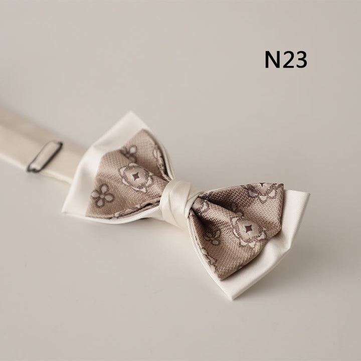 Beige Pattern Two-Layer Satin Adjustable Strap Bow Tie