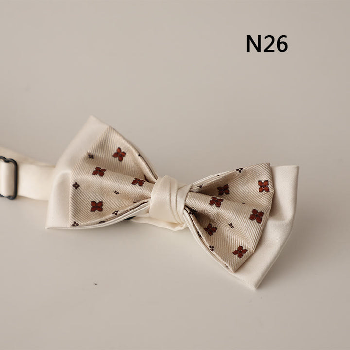 Beige Pattern Two-Layer Satin Adjustable Strap Bow Tie