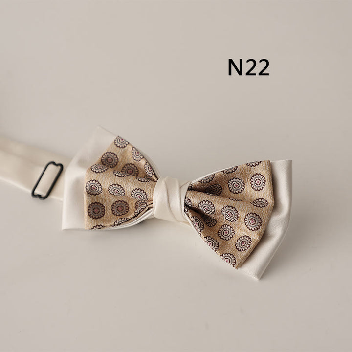 Beige Pattern Two-Layer Satin Adjustable Strap Bow Tie
