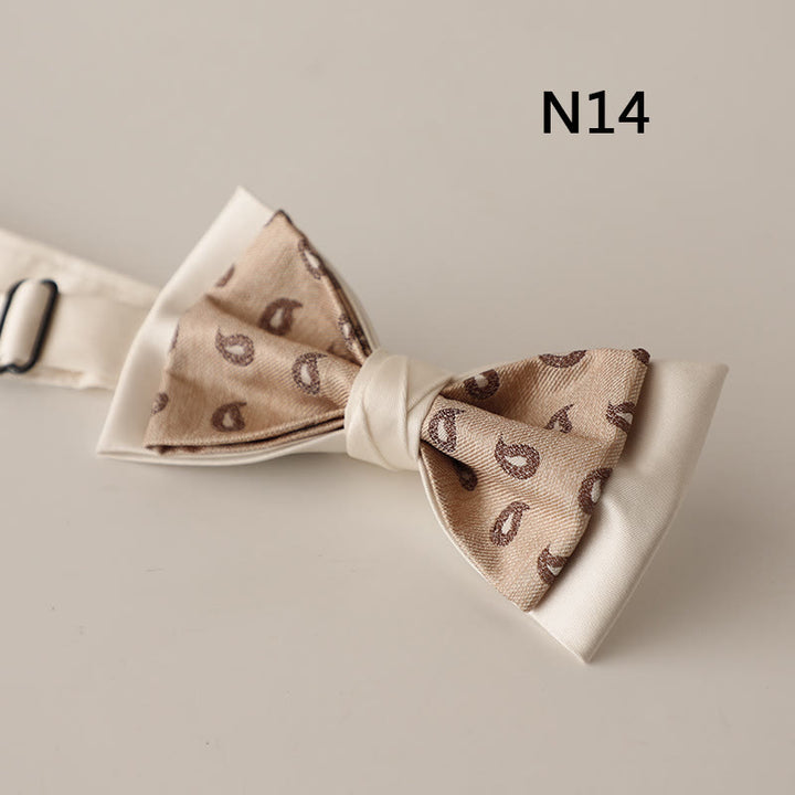 Beige Pattern Two-Layer Satin Adjustable Strap Bow Tie