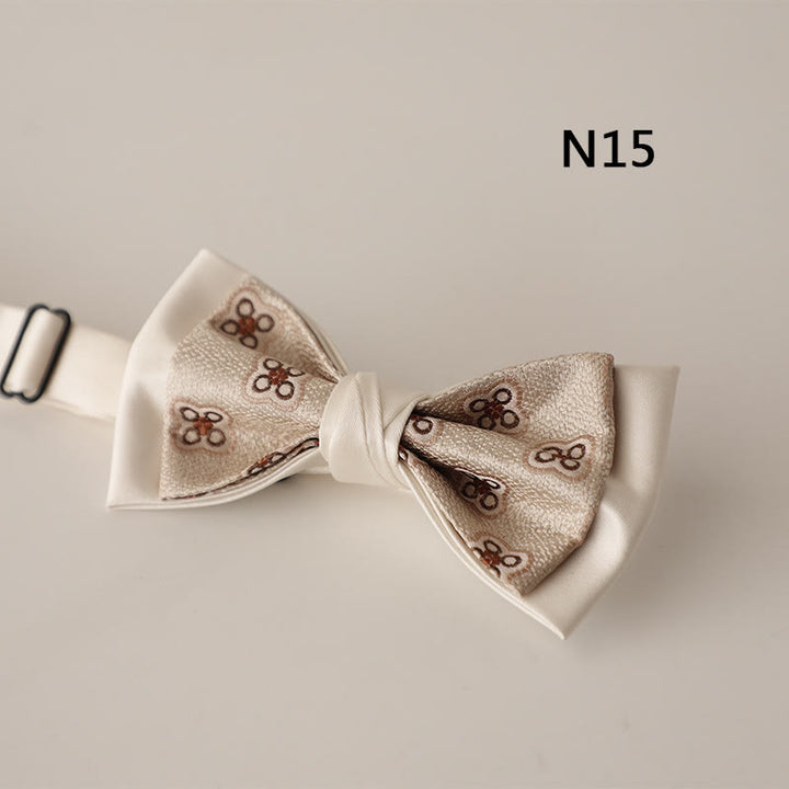 Beige Pattern Two-Layer Satin Adjustable Strap Bow Tie
