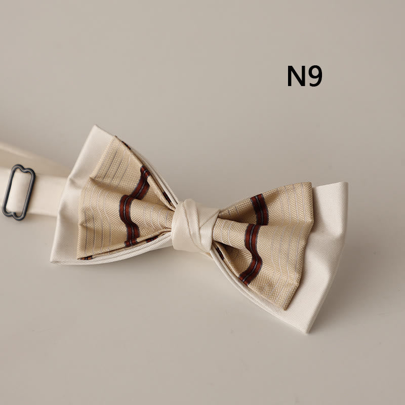 Beige Pattern Two-Layer Satin Adjustable Strap Bow Tie