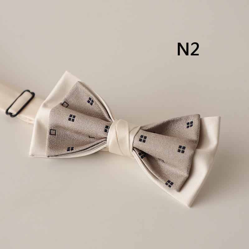 Beige Pattern Two-Layer Satin Adjustable Strap Bow Tie