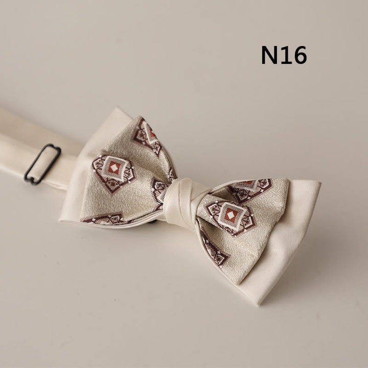 Beige Pattern Two-Layer Satin Adjustable Strap Bow Tie
