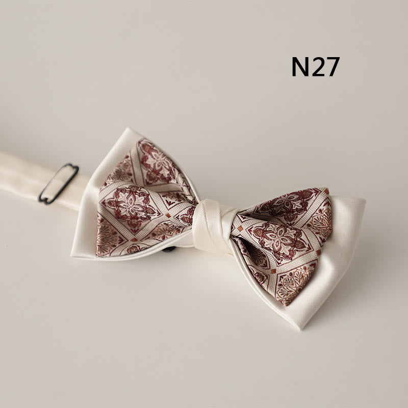 Beige Pattern Two-Layer Satin Adjustable Strap Bow Tie