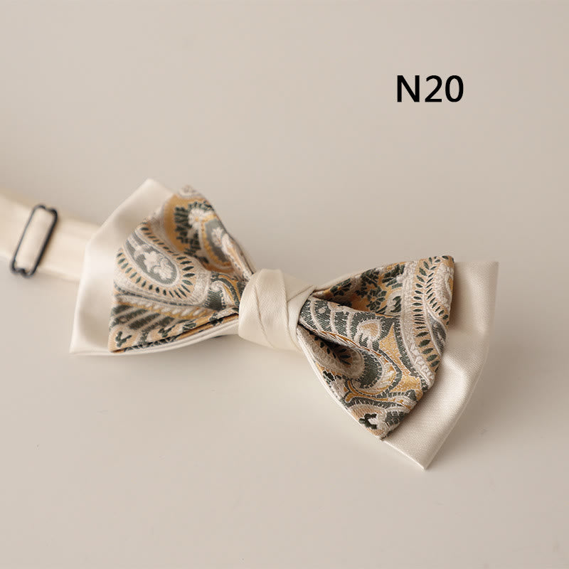Beige Pattern Two-Layer Satin Adjustable Strap Bow Tie