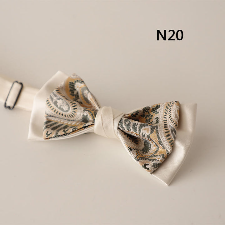 Beige Pattern Two-Layer Satin Adjustable Strap Bow Tie
