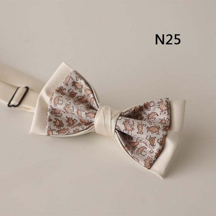 Beige Pattern Two-Layer Satin Adjustable Strap Bow Tie