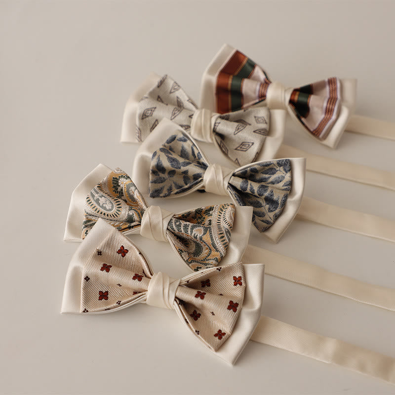 Beige Pattern Two-Layer Satin Adjustable Strap Bow Tie
