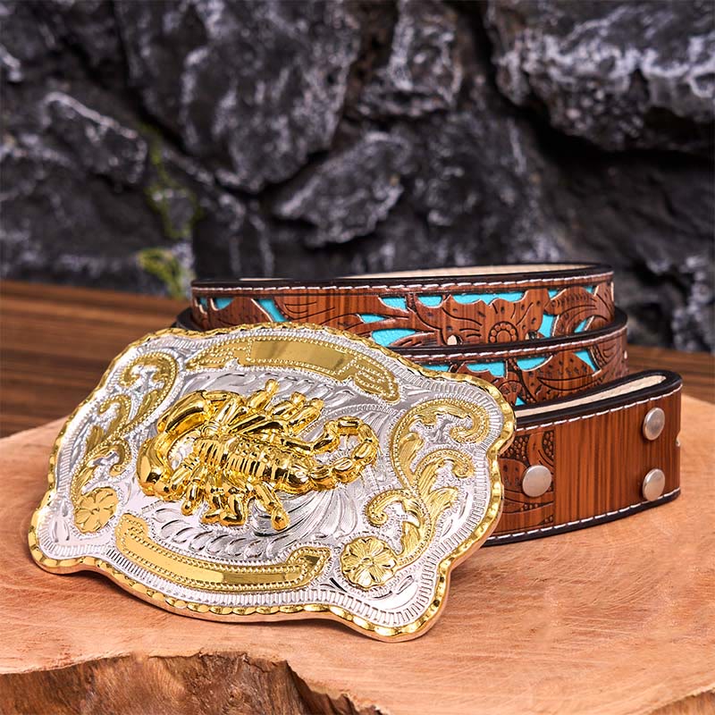 Gold Silver Floral Scorpion DIY Buckle Leather Belt - Scorpion - Turquoise Carved Belt - 42 - image 7