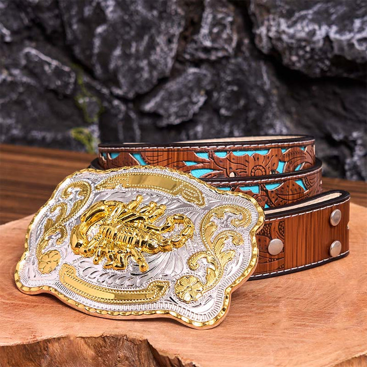 Gold Silver Floral Scorpion DIY Buckle Leather Belt - Scorpion - Turquoise Carved Belt - 42 - image 7