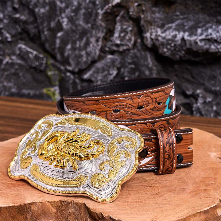 Gold Silver Floral Scorpion DIY Buckle Leather Belt - Scorpion - Brown Feather Belt - 40 - image 11