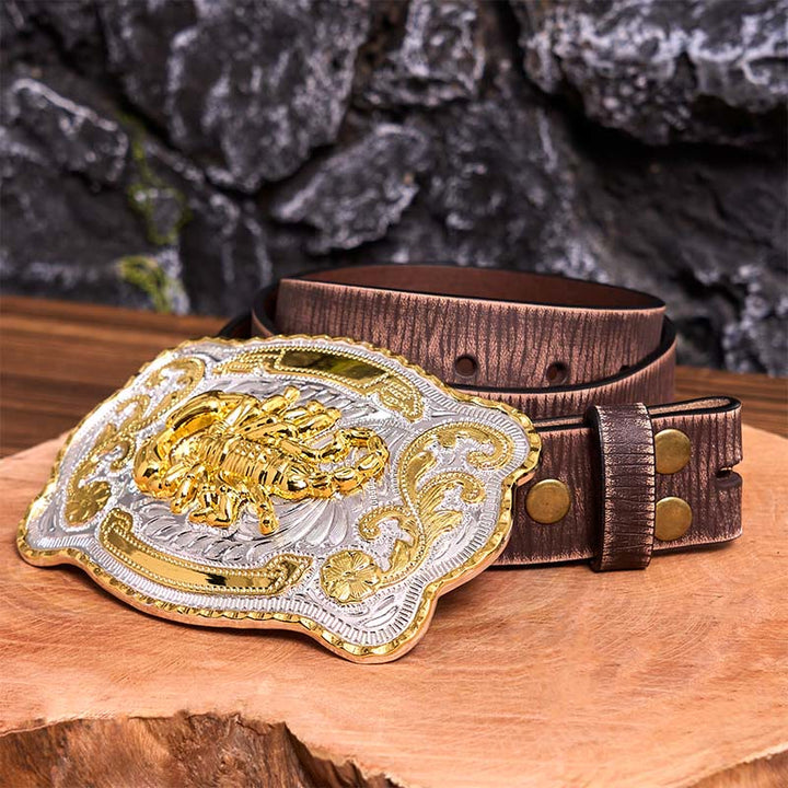 Gold Silver Floral Scorpion DIY Buckle Leather Belt - Scorpion - Brown Distressed Belt - 42 - image 9
